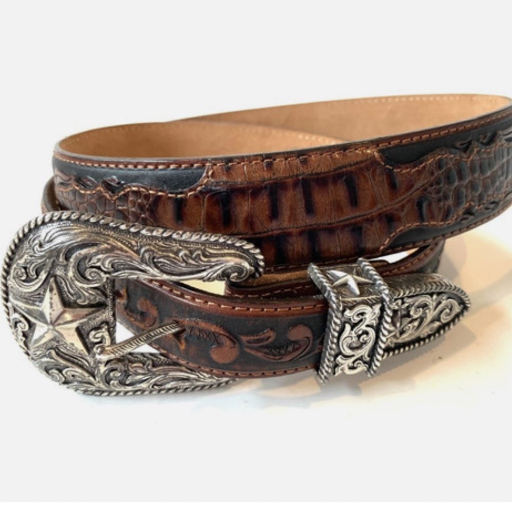 VTG Tony Lama 100% Leather Tooled Saddle Brown Western Belt SZ 36